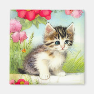 Vintages Weiß und Brown Kitten mit Blume Magnet