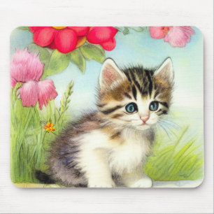 Vintages Weiß und Brown Kitten mit Blume Mousepad