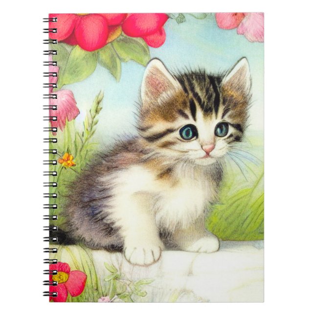 Vintages Weiß und Brown Kitten mit Blume Notizblock (Vorderseite)
