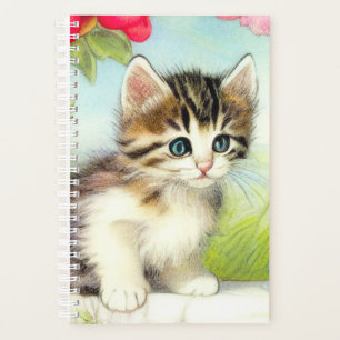 Vintages Weiß und Brown Kitten mit Blume Planer