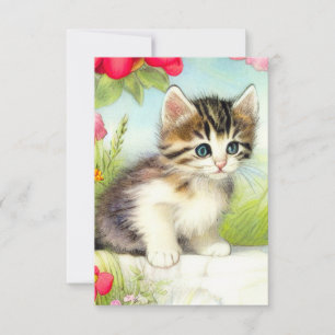 Vintages Weiß und Brown Kitten mit Blume RSVP Karte