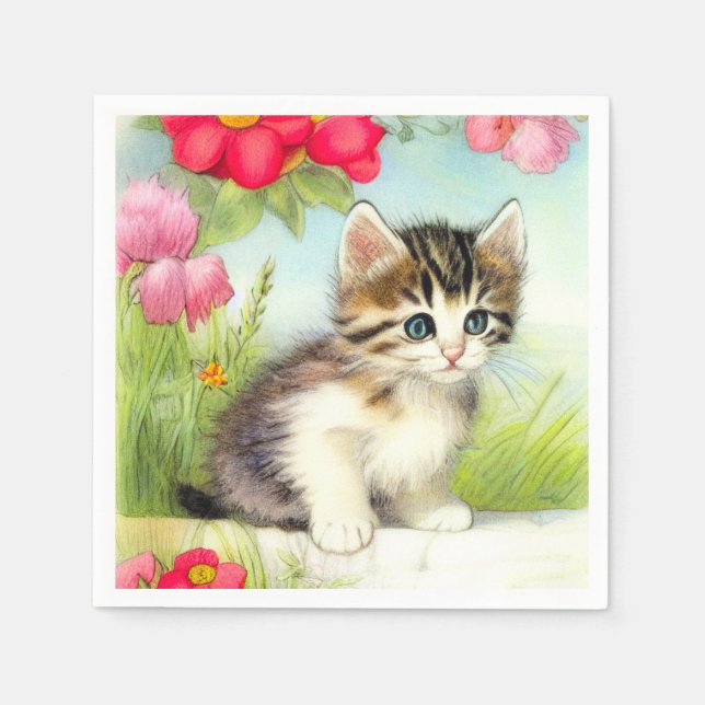 Vintages Weiß und Brown Kitten mit Blume Serviette (Vorderseite)