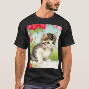 Vintages Weiß und Brown Kitten mit Blume T-Shirt