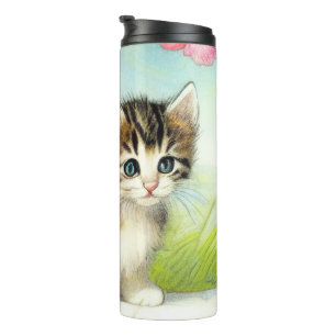 Vintages Weiß und Brown Kitten mit Blume Thermosbecher