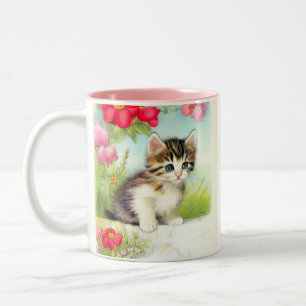 Vintages Weiß und Brown Kitten mit Blume Zweifarbige Tasse
