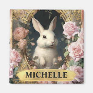 Vintages Weißes Kaninchen und rosa Rosen Magnet