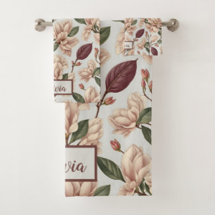 Vintages Weißes Magnolium Blossom Flora Muster Badhandtuch Set