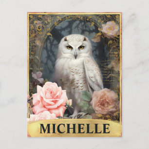 Vintages weißes Owl und rosa Rosen Postkarte