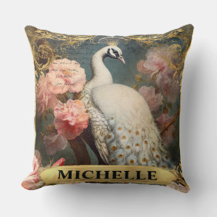 Vintages weißes Pfau und rosa Rosen Kissen