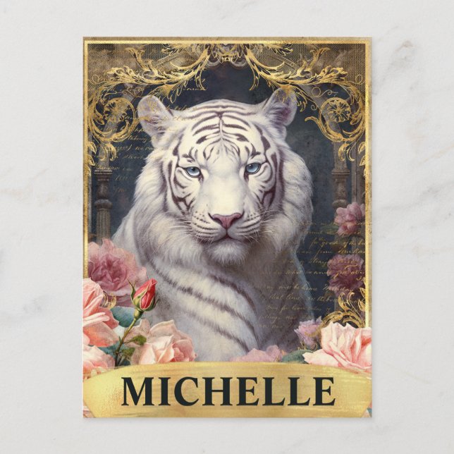 Vintages Weißes Tiger und Rosen Postkarte (Vorderseite)