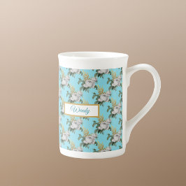 Vintages Weißrosenmuster auf Aqua Monogram Prozellantasse