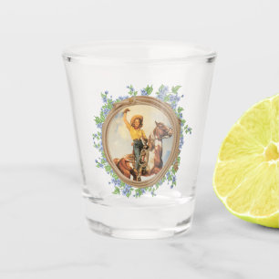 Vintages Western-Cowgirl mit Seil und Blumen Schnapsglas
