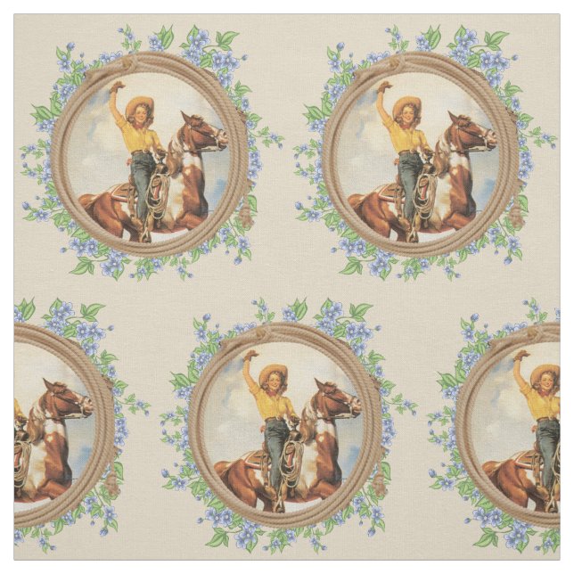 Vintages Western-Cowgirl-Pferd mit Seil-Blumen Stoff (Muster)