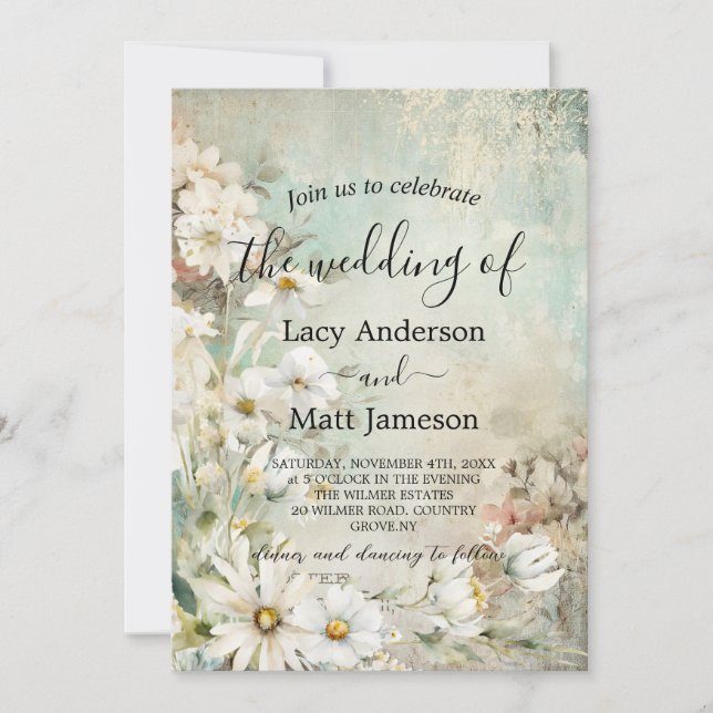 Vintages White Daisy Foto QR Code Hochzeit Einladung (Vorderseite)