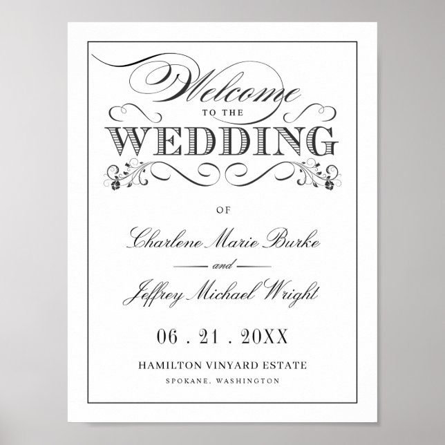 Vintages White Elegant Wedding Begrüßungszeichen W Poster (Vorne)