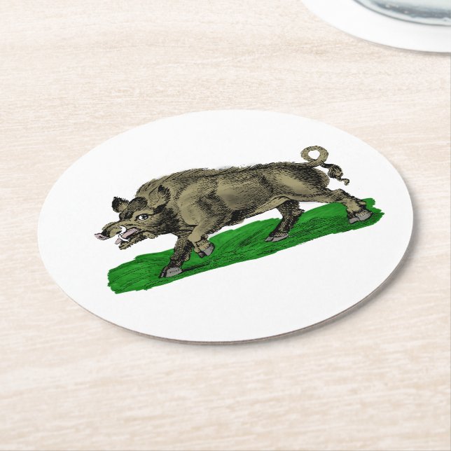 Vintages Wildschwein Zeichne BW #3C Runder Pappuntersetzer (Angewinkelt)