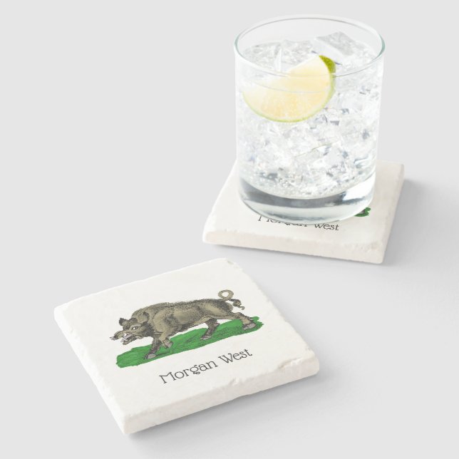 Vintages Wildschwein Zeichne BW #3C Steinuntersetzer (Seitenansicht)