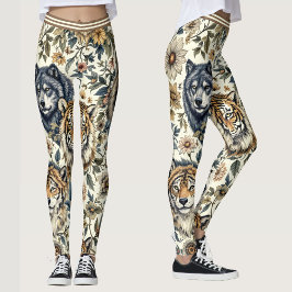 Vintages Wildtier- und Blumenmuster auf Weiß Leggings