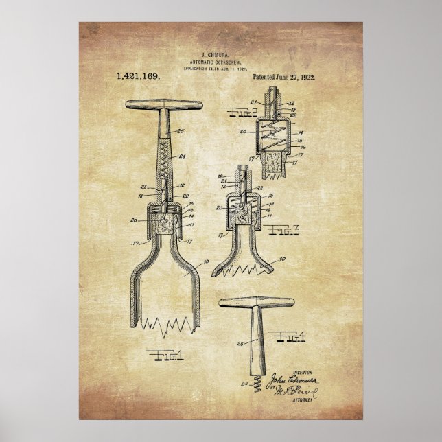 Vintages Wine-Korkenzieher-Patent Poster (Vorne)
