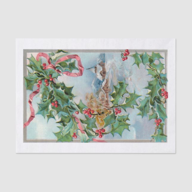Vintages Winter Rural Village und Weihnachts Holly Seidenpapier (Vorderseite)