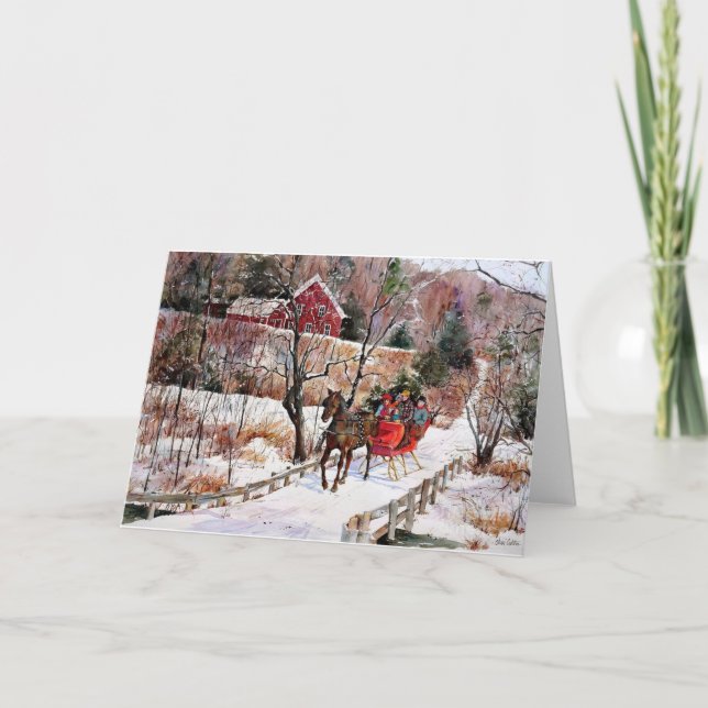 Vintages Winterpferd und Schlitten Feiertagskarte (Vorderseite)