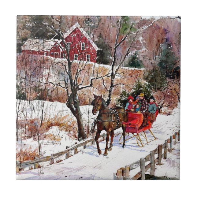 Vintages Winterpferd und Schlitten Fliese (Vorderseite)