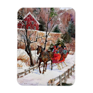 Vintages Winterpferd und Schlitten im Schnee Magnet