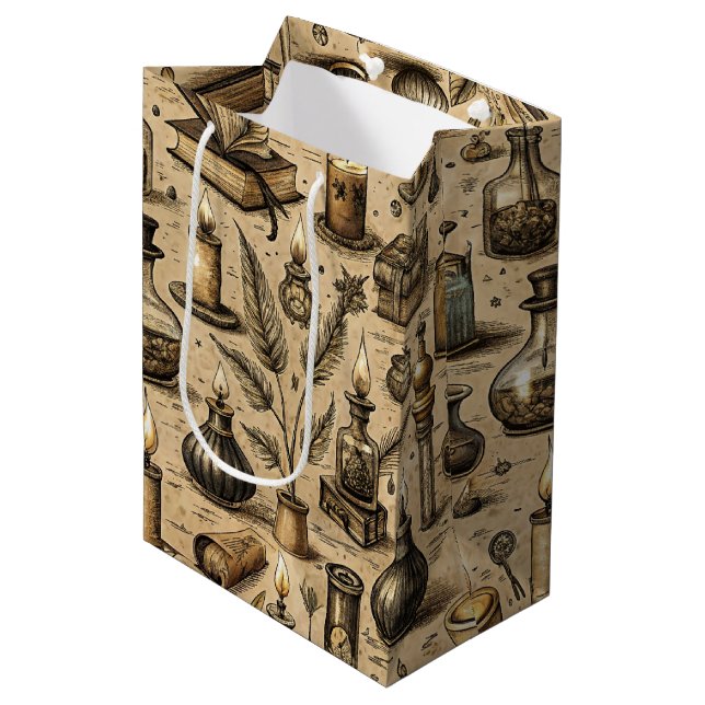 Vintages Witchcraft Books & Candles Muster Mittlere Geschenktüte (Vorderseite Schrägansicht)