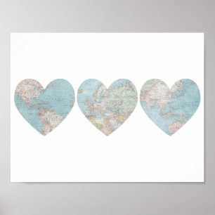 Vintages World Map Hearts Poster