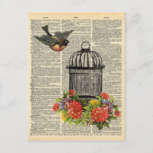 Vintages Wörterbuch Art Bird und Cage mit Blume Postkarte