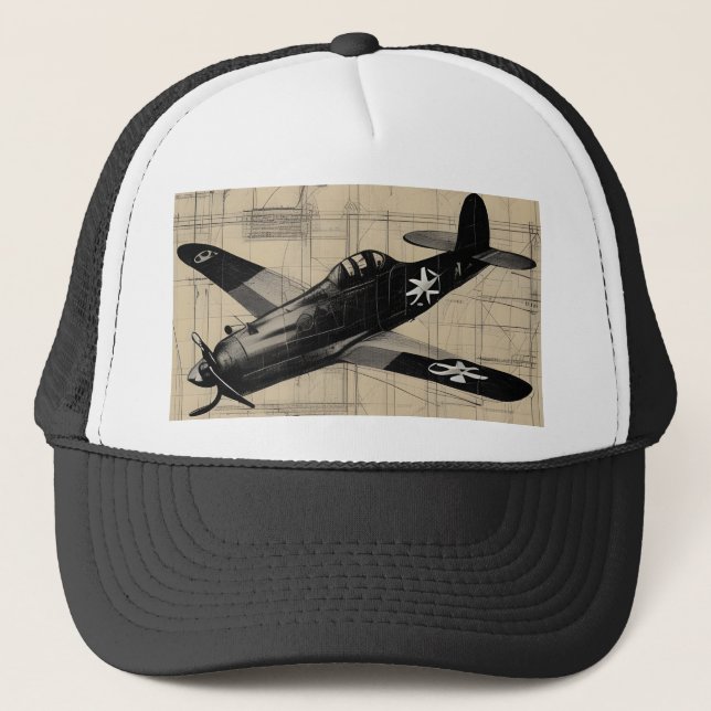 Vintages WW2 Kämpfen Flugzeug Stift Sketch Design Truckerkappe (Vorderseite)