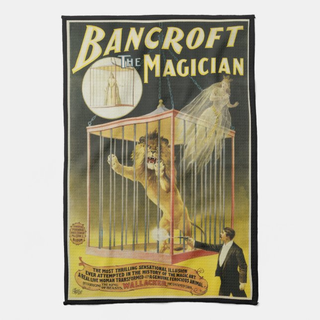 Vintages Zauberposter, Magician Bancroft und Löwe Geschirrtuch (Vertikal)