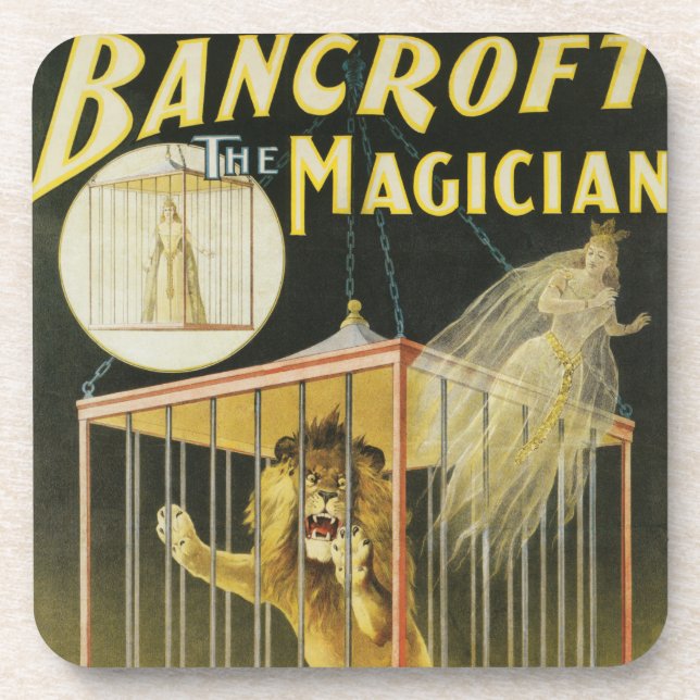Vintages Zauberposter, Magician Bancroft und Löwe Getränkeuntersetzer (Vorderseite)