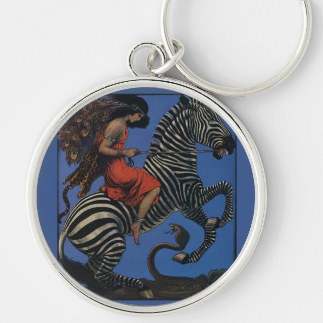 Vintages Zebra mit Jugendstil-Frau Print Schlüsselanhänger (Vorne)