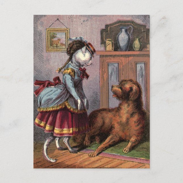 Vintages Zeichn: Puss in vollem Kleid Postkarte (Vorderseite)