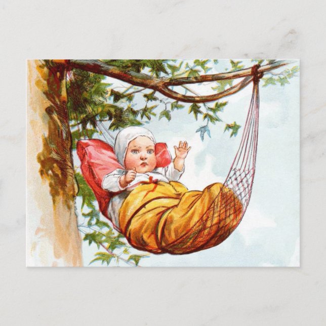 Vintages Zeichnen: Baby in einer Hängematte Postkarte (Vorderseite)