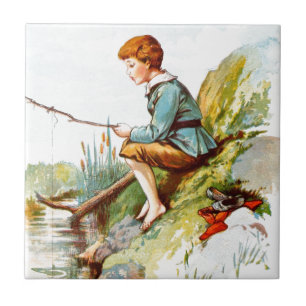 Vintages Zeichnen: Jungen-Fischen in einem Fluss Fliese
