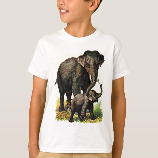 Vintages Zeichnen: Mutter-Elefant mit Kalb T-Shirt (Vorderseite)