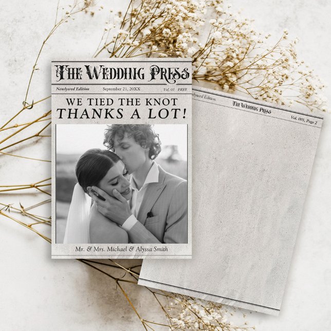 Vintages Zeitungs-Foto Einmalige Hochzeit Dankeskarte (Vintage Newspaper black and white photo trendy classic chic unique wedding set flat thank you card)