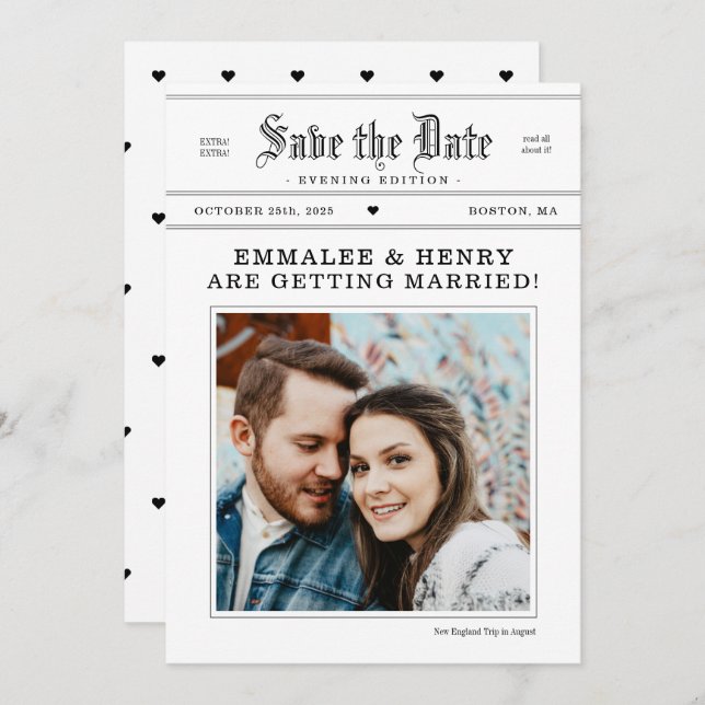 Vintages Zeitungs-Foto Hochzeit speichern Sie das  Einladung (Vorne/Hinten)