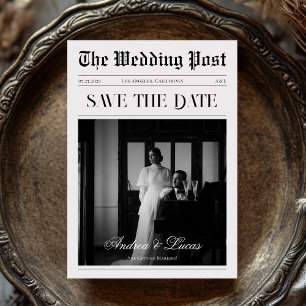 Vintages Zeitungs-Foto Hochzeit speichern Sie das  Einladung