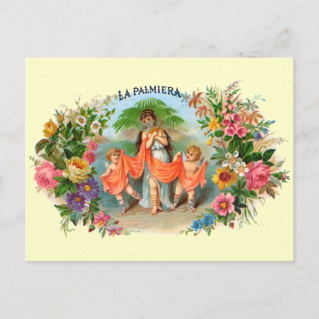 Vintages Zigarrenlabel La Palmiera, Frau mit Engel Postkarte (Vorderseite)