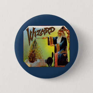 Vintages Zigarrenlabel, Zauberer mit schwarzer Kat Button
