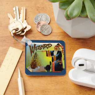 Vintages Zigarrenlabel, Zauberer mit schwarzer Kat Schlüsselanhänger