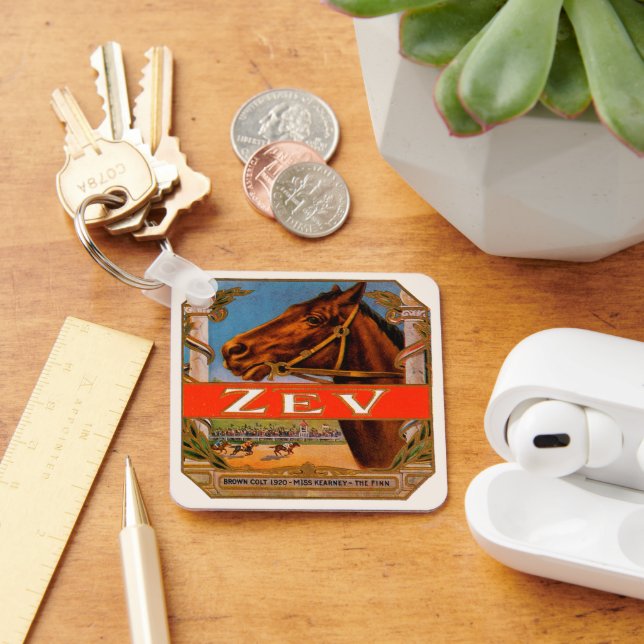 Vintages Zigarrensiegel, Zev-Race-Pferde, brauner  Schlüsselanhänger (Schreibtisch)