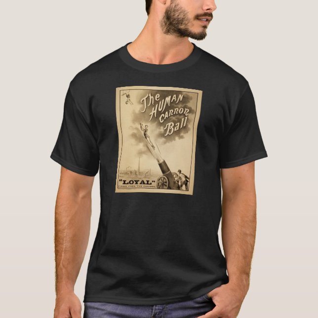 Vintages Zirkus-Plakat-menschlicher Kanonen-Ball T-Shirt (Vorderseite)
