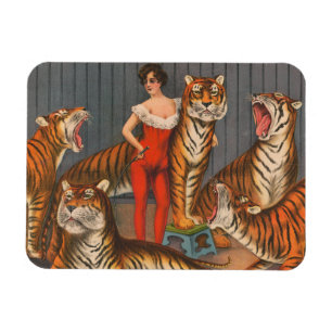 Vintages Zirkusposter der Frau mit sechs Tigern. Magnet