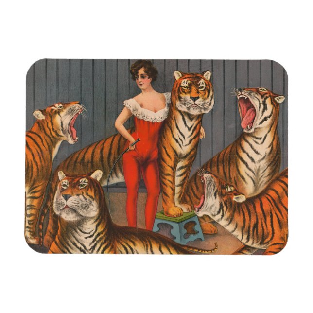 Vintages Zirkusposter der Frau mit sechs Tigern. Magnet (Horizontal)