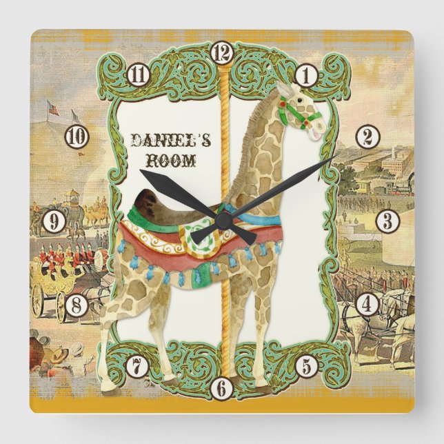 Vintages Zirkusposter, Giraffe Kinderzimmeruhr Quadratische Wanduhr (Vorderseite)