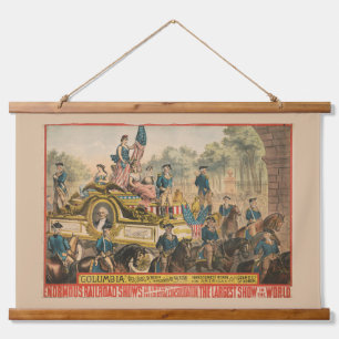 Vintages Zirkusposter mit Paradefahrt Float Wandteppich Mit Holzrahmen